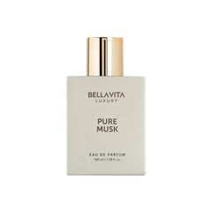 BellaVita Pure Musk bottle closeup highlighting luxurious wood notes for all-day wear.