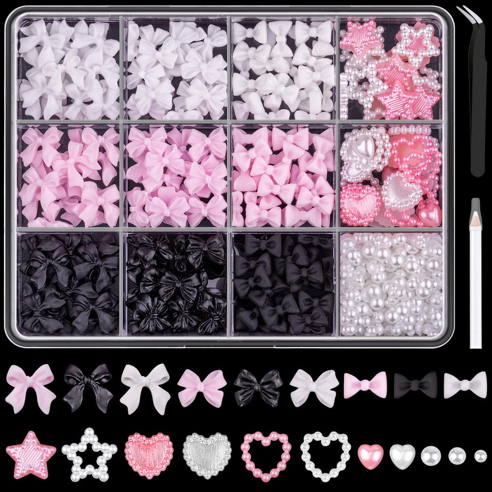 BELLEBOOST 600pcs 3D bow charms in pink, white, black for versatile DIY nail art designs