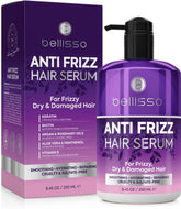 BELLISSO Anti Frizz Serum bottle closeup for frizz control and smooth finish