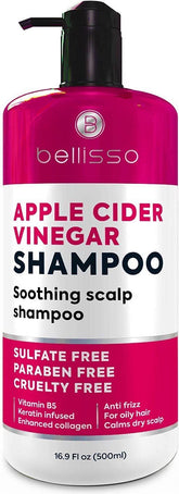 Bellisso Apple Cider Vinegar Shampoo bottle close-up highlighting sulfate-free scalp care.