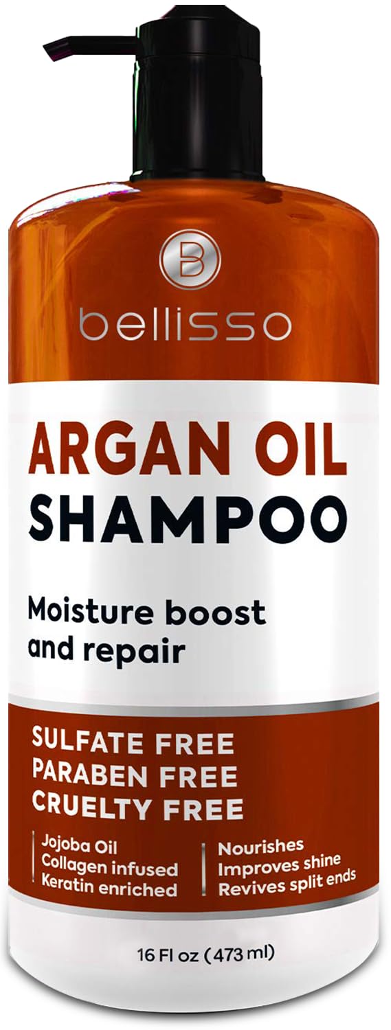 Bellisso Argan Oil Shampoo bottle highlighting hydrating formula.