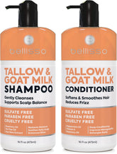 Bellisso beef tallow shampoo pouring for deep hydration and gentle cleansing.
