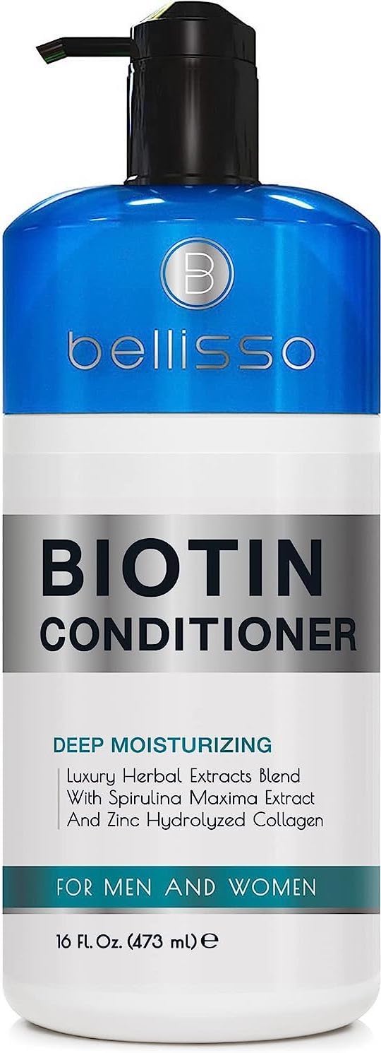 Bellisso Biotin Conditioner bottle closeup highlights sulfate free formula for gentle scalp care.