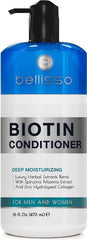 Bellisso Biotin Conditioner bottle closeup highlights sulfate free formula for gentle scalp care.