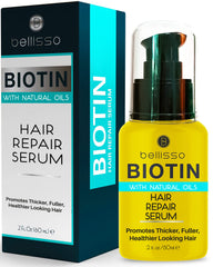 Bellisso Biotin Hair Serum bottle demonstrates the premium thickening formula for fuller-looking hair.