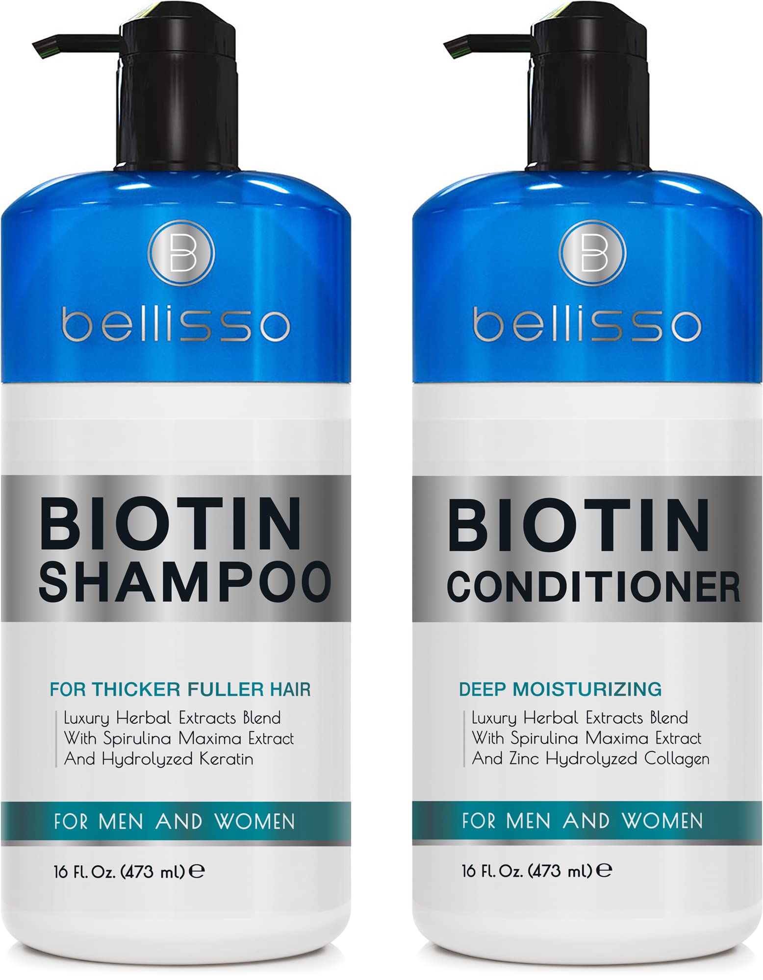 Bellisso biotin shampoo bottle highlighting thickening formula for fuller-looking hair.
