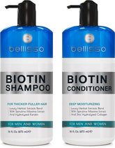 Bellisso biotin shampoo bottle highlighting thickening formula for fuller-looking hair.
