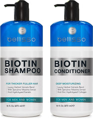 Bellisso biotin shampoo bottle highlighting thickening formula for fuller-looking hair.