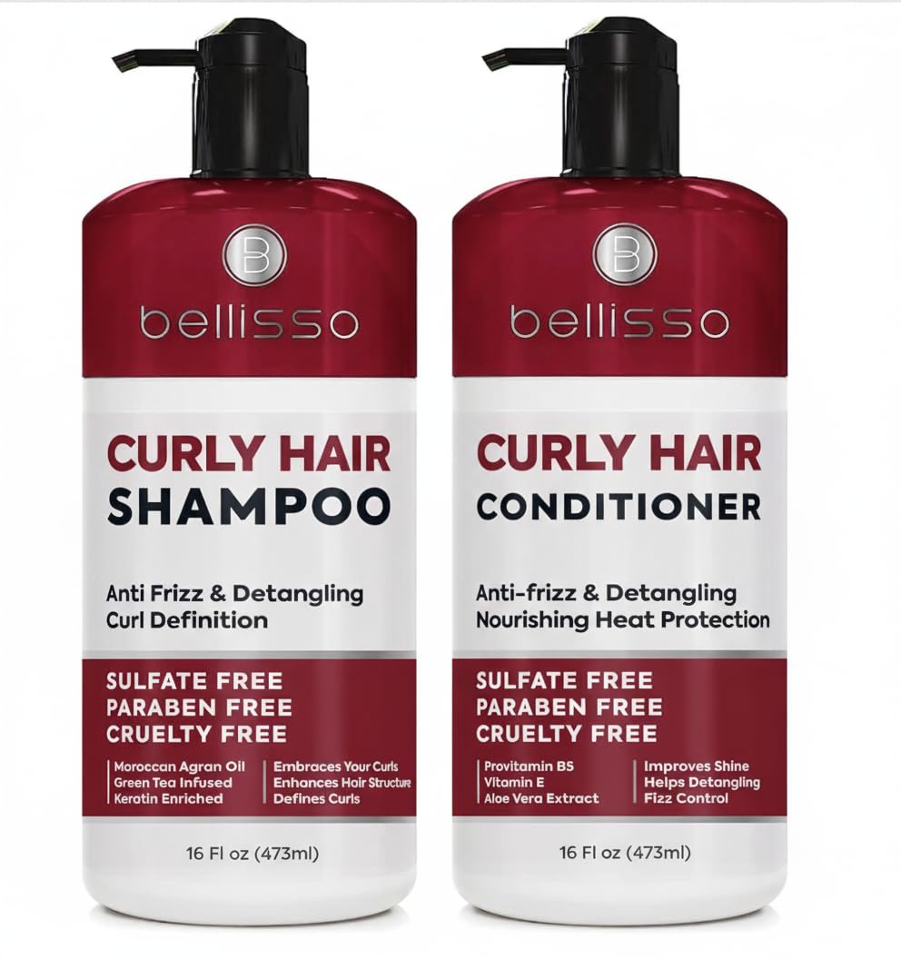 Bellisso curly shampoo bottle closeup highlighting color-safe, defining curls