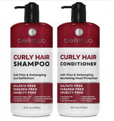 Bellisso curly shampoo bottle closeup highlighting color-safe, defining curls