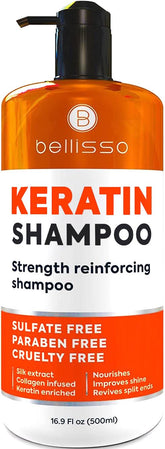 Bellisso Keratin Enriched Shampoo bottle-front for salon-grade repair and frizz control.