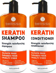Bellisso keratin shampoo bottle for stronger, smoother hair.