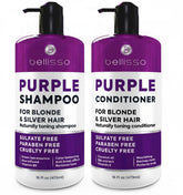 Bellisso purple shampoo bottle pour for brassy-free, even-toned blonde results.