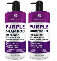Bellisso purple shampoo bottle pour for brassy-free, even-toned blonde results.