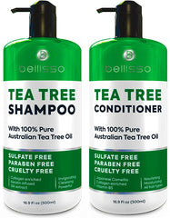 Bellisso Tea Tree Shampoo bottle closeup highlights soothing formula for irritated scalps.