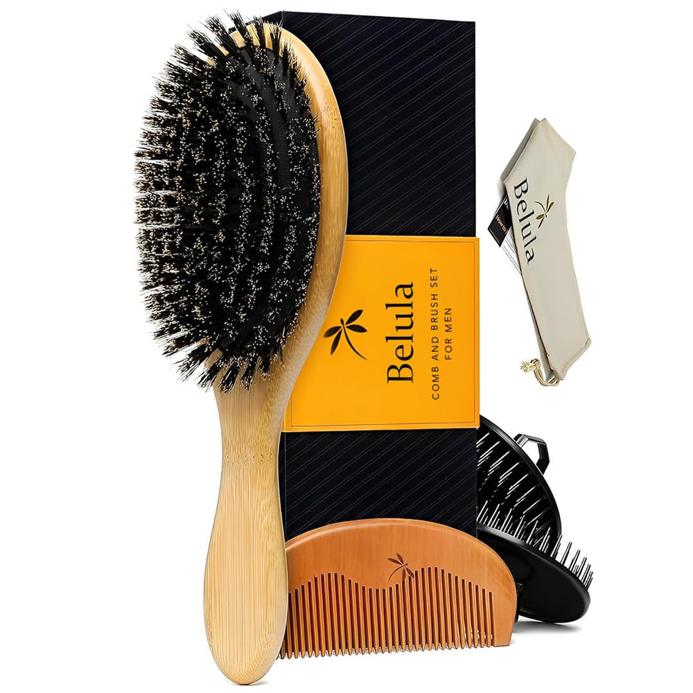 Belula hair brush set main view highlights 100% boar bristles for oil distribution