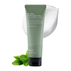 BENTON Deep Green Tea Face Wash bottle releases a rich, gentle foam for cleansing.