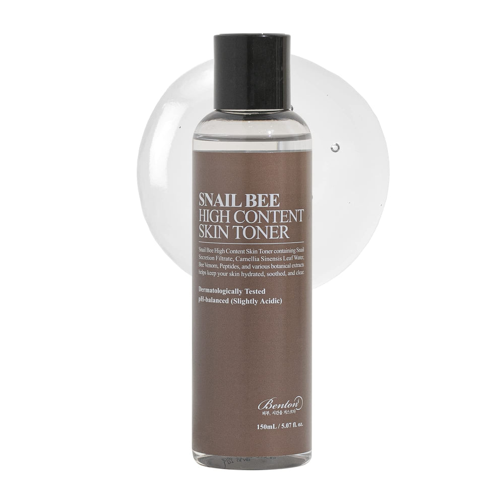 BENTON Snail Bee High Content Toner bottle closeup highlights snail mucin for balanced, nourished skin