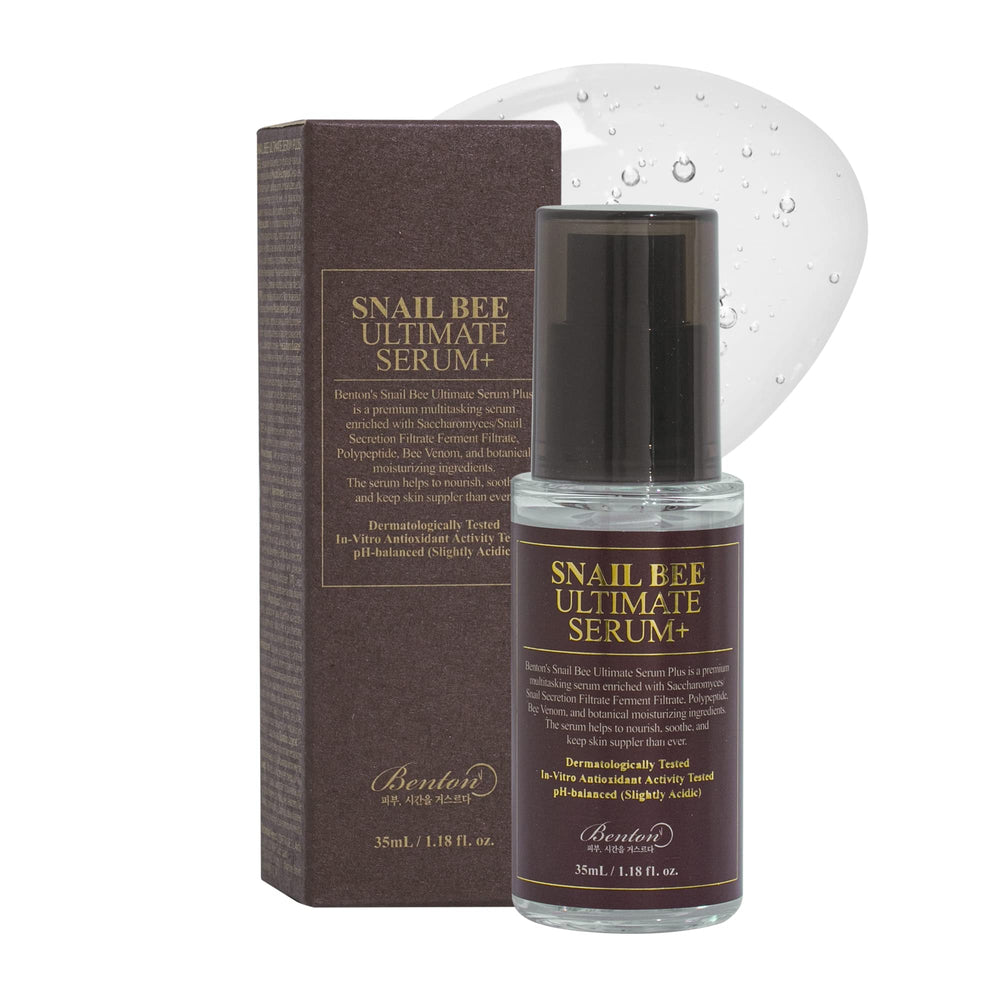 Benton Snail Bee Ultimate Serum Plus bottle close-up showing snail filtrate for elasticity.