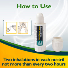 Benzedrex inhaler nozzle closeup highlights easy-to-use medicated vapors.