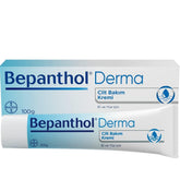 Bepanthol cream jar closeup shows fast-absorbing hydration for dry skin.