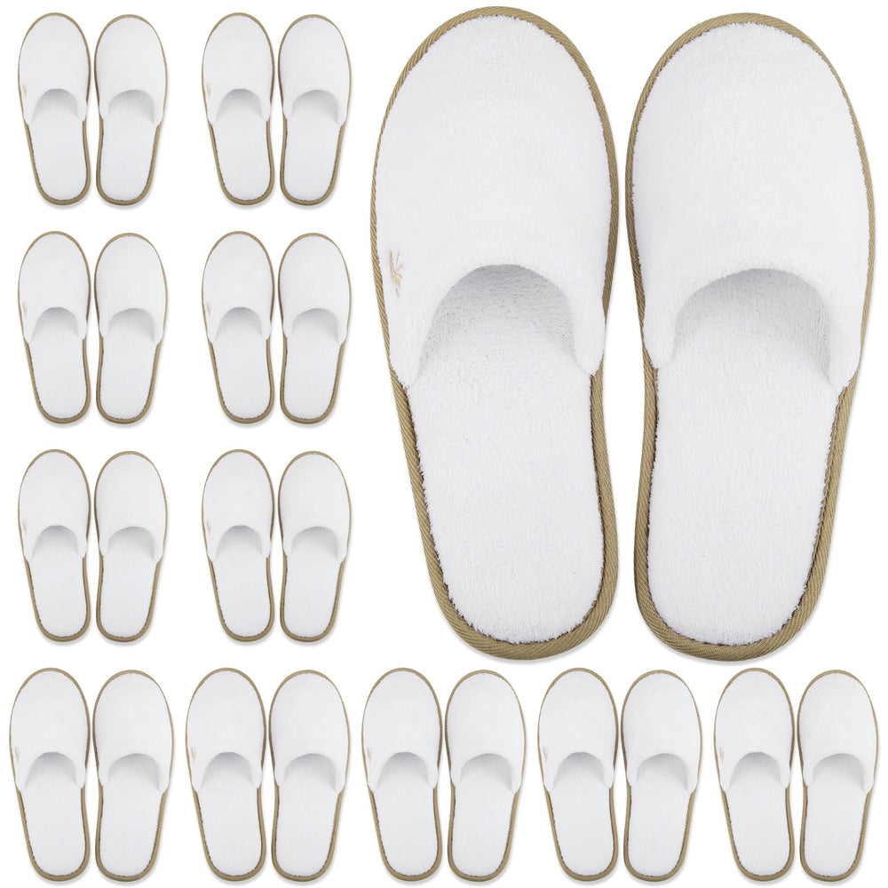BERGMAN KELLY spa slippers closed-toe white with cocoa trim for guest comfort.