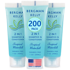 Bergman Kelly travel-size 2-in-1 shampoo and conditioner in tropical waterfall bottle for guest stays.