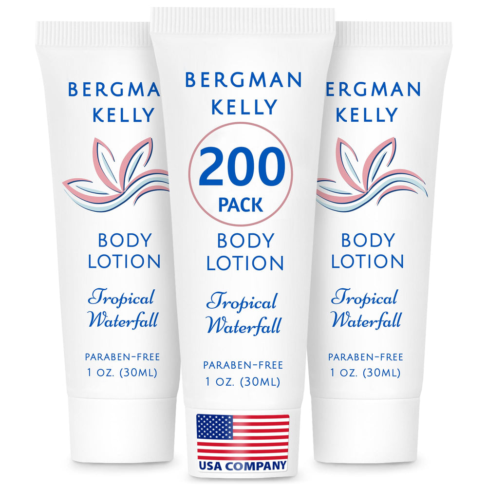 BERGMAN KELLY travel-size lotion tropical-waterfall bottle front for refreshing guest-room vibes.