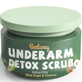 Berlaney Shea Butter Coconut Scrub bottle highlights gentle exfoliation for soft, hydrated skin.