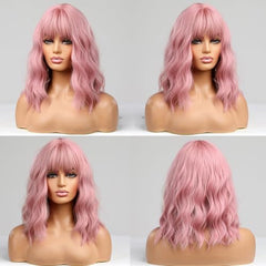 BERON 14in pink wig bangs detail highlights curly texture for flattering framing.
