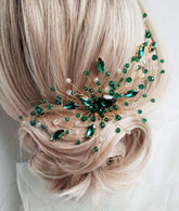 BERYUAN hair comb teardrop green crystal front view for bridal shine.