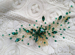 BERYUAN hair comb teardrop green crystal side view enhances wedding-day look.