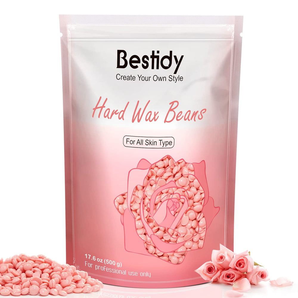 Bestidy wax beads packaging in pink 500g highlights at-home waxing convenience.