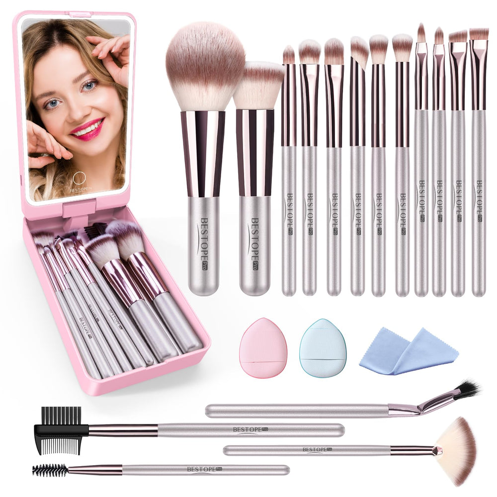 BESTOPE PRO makeup brushes with case and LED mirror for on-the-go touch-ups