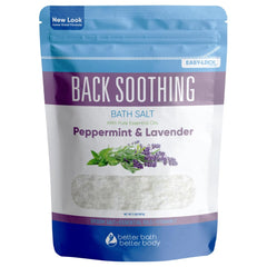 Better Bath Better Body back-soothing-bath-salt-32oz bottle closeup illustrates a calming soak.