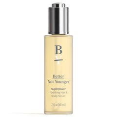 Better Not Younger hair serum bottle close-up highlighting lightweight scalp care