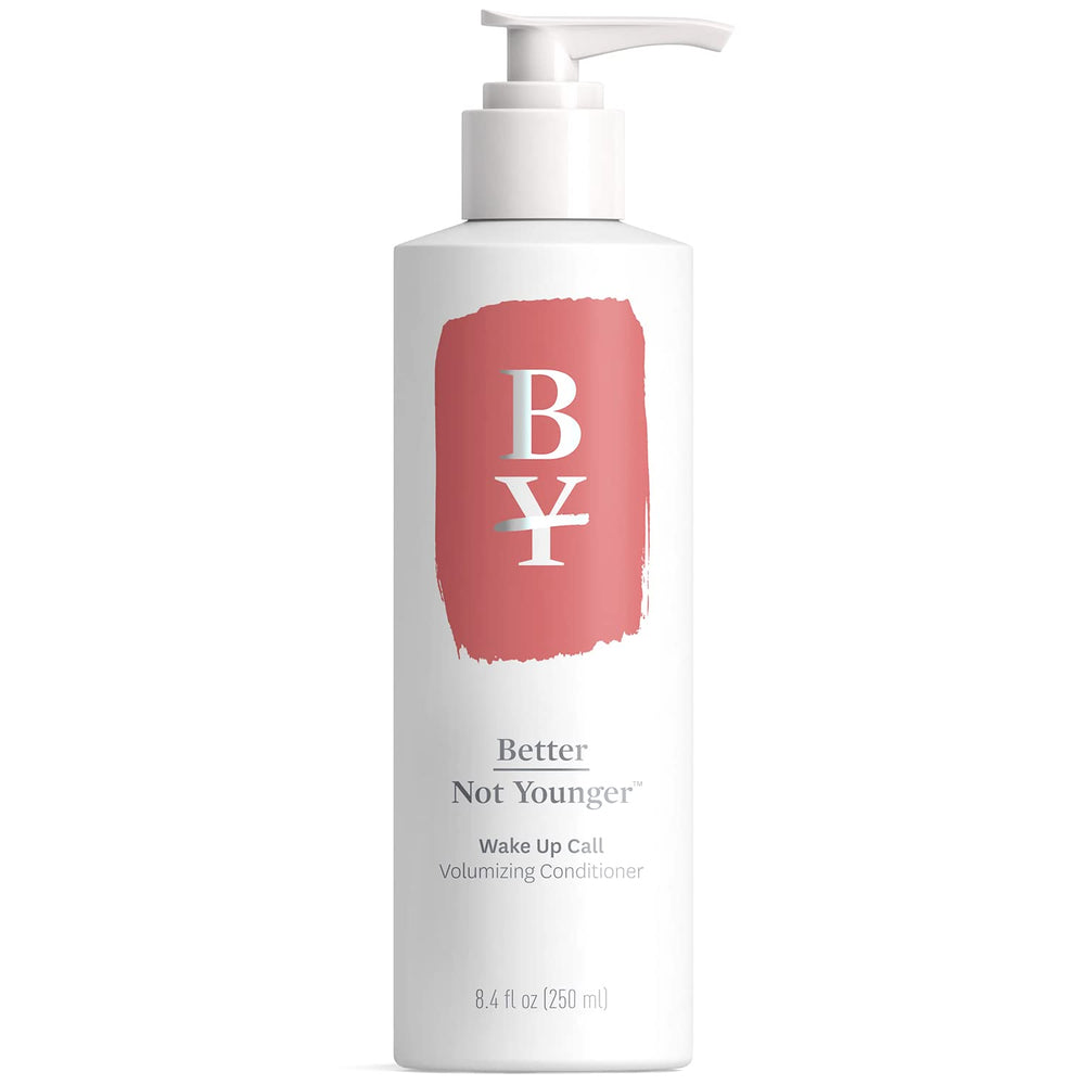 Better Not Younger Wake Up Call Volumizing Conditioner bottle front shows lifted, fuller-looking hair promise.