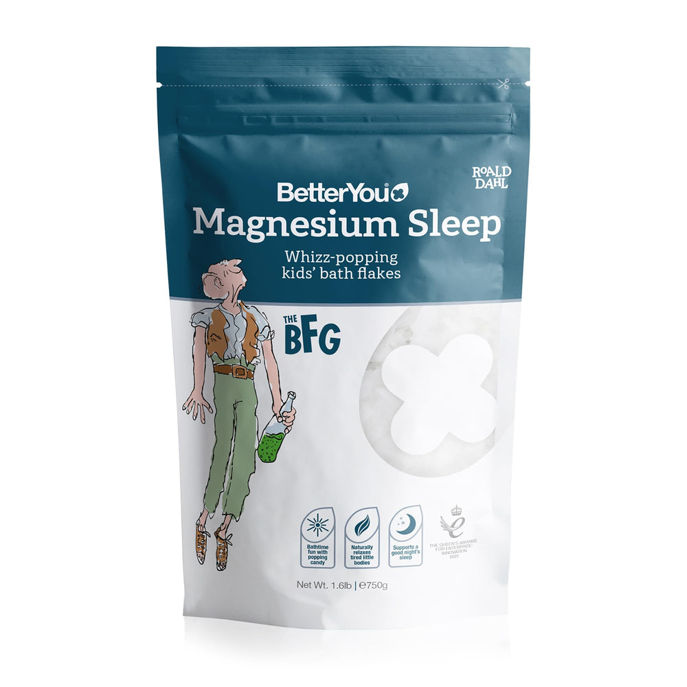 BetterYou Magnesium Sleep Kids' Bath Flakes closeup of mineral flakes for a calming bath