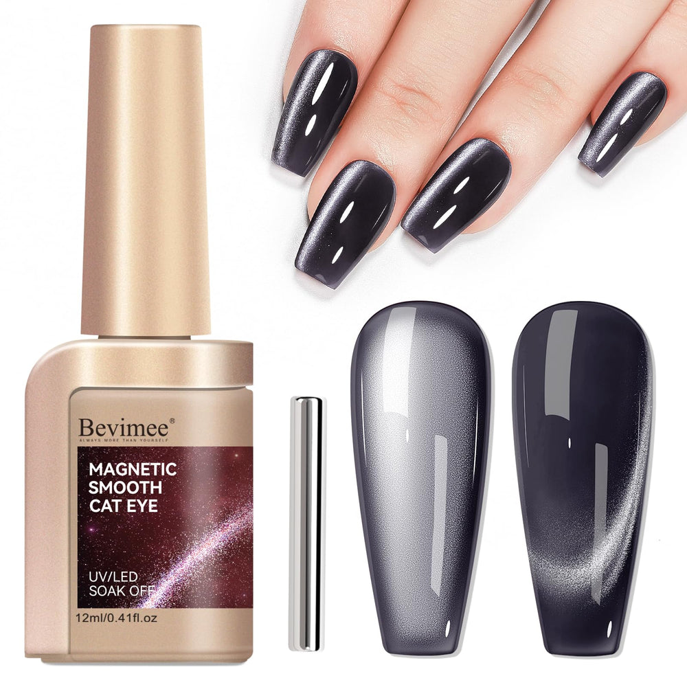 Bevimee Cat Eye Gel Polish Moonlight Black Glitter close-up showing magnetic cat-eye shine.