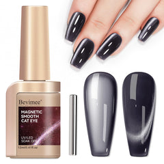 Bevimee Cat Eye Gel Polish Moonlight Black Glitter close-up showing magnetic cat-eye shine.