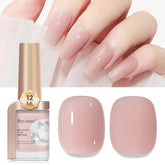 Bevimee Quick Dry Nail Polish bottle closeup shows quick nude shade for fast manicures.