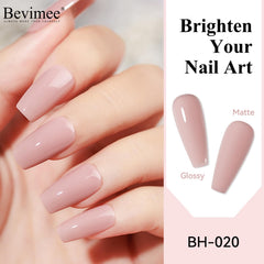 Bevimee water-based nail polish application suggests easy at-home use without UV lamp.