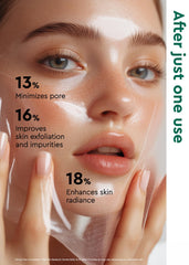 BE+WANTS mask application close-up — exfoliating action refines pores without scrubbing
