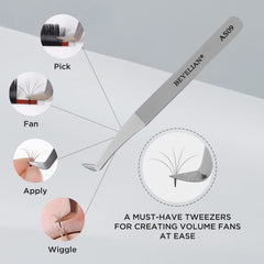 Beyelian lash-tweezers 45-degree-tip promotes comfortable isolation and placement.