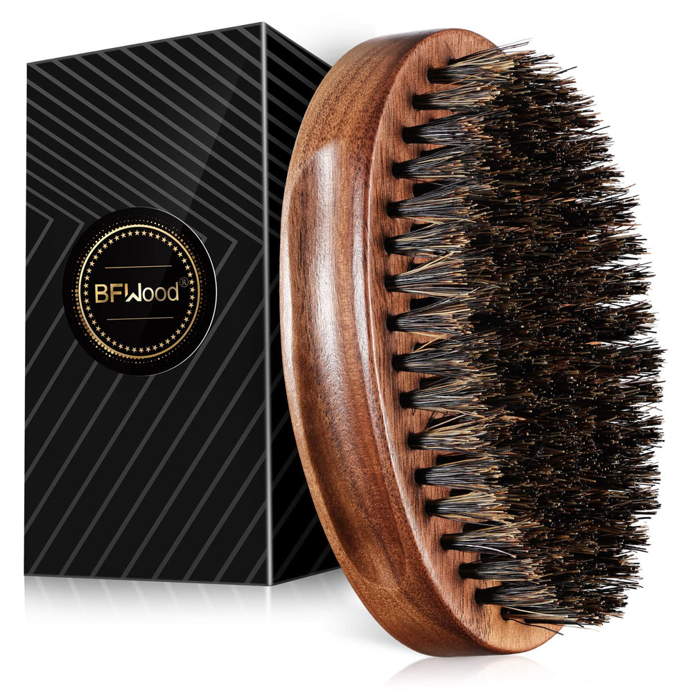 BFWood boar-bristle beard brush close-up highlighting natural bristles for even balm distribution.