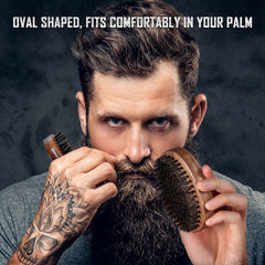 BFWood military-style beard brush close-up emphasizes rugged design for confident grooming.