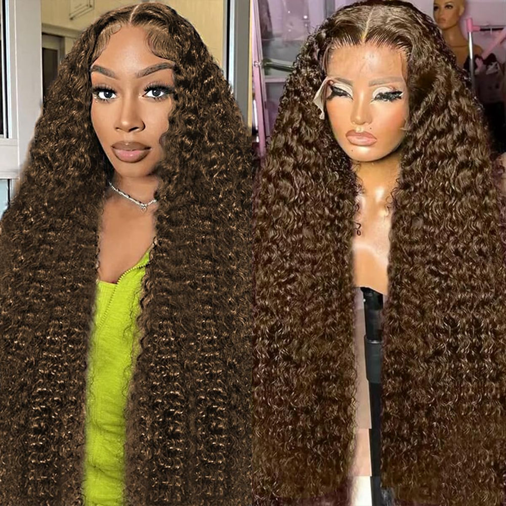 BIANFA 30 inch chocolate brown deep wave wig front view shows natural lace and volume