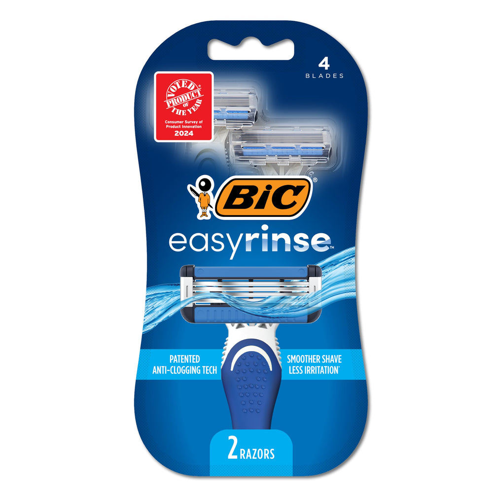 BIC EasyRinse razor pack shows four blades for a smoother shave