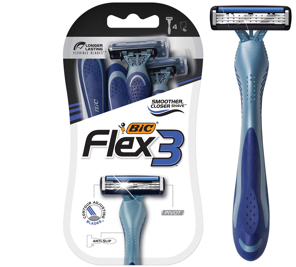 BIC Flex 3 Titanium razor close-up on contour blades for a smooth shave.