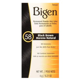 Bigen powder hair color 58 black brown 3-pack box shows natural-looking shade.